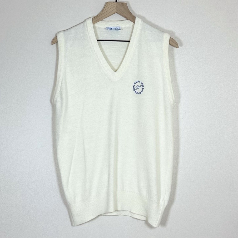 Vintage Pickering USA Mens Sweater Vest Size L Ivory V Neck Golf Tennis Preppy